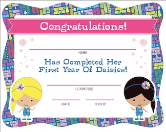 Daisy Girl Scouts First Year Completion Certificate - Instant Download