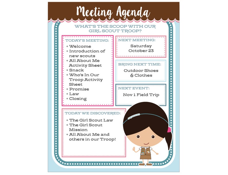 Brownie Girl Scout Meeting Agenda Editable Printable Instant Download image 1