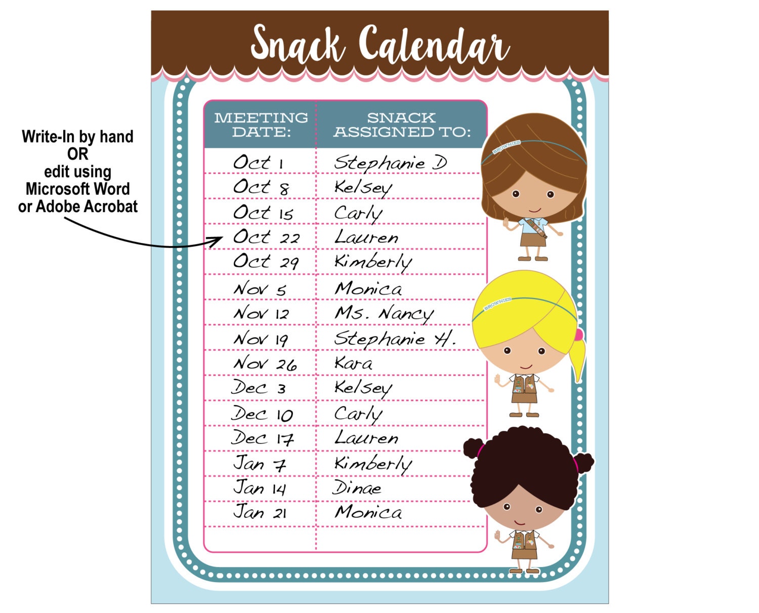 Brownie Girl Scout Snack Calendar Editable Printable Instant Download - Etsy
