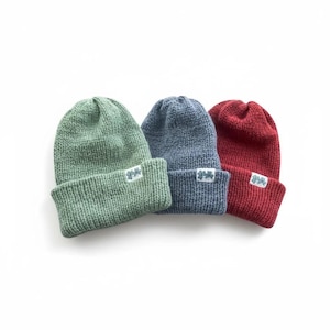 May include: Three knitted beanies in green, blue, and red. Each hat has a folded brim and a small white tag with a clover design. The beanies are displayed on a white background.