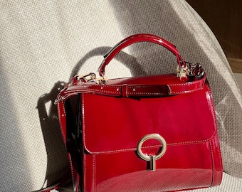 Red Patent Leather Handbag: Handmade Structured Top Handle Purse
