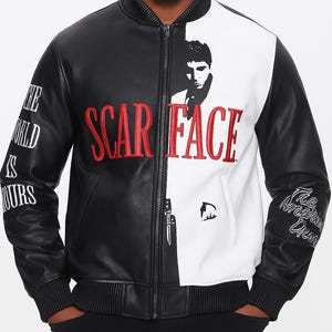 Scarface Leather Jacket – Real Leather Bomber for Men | Tony Montana Movie Jacket | Streetwear Hip Hop Coat | The World Is Yours