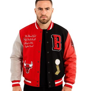 Chicago Bulls Varsity Jacket for Men – NBA Basketball Style | Embroidered Bomber Streetwear | Red & Black Hip-Hop College Coat