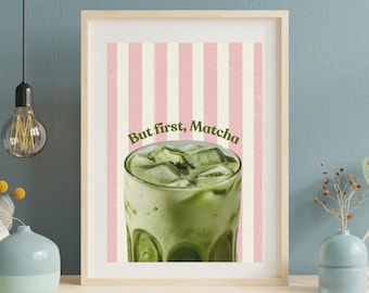 Póster digital descargable "Pero Primero Matcha": Impresión de arte mural de matcha helado, estética de matcha con rayas rosas, decoración de cafetería, regalo para amantes del matcha