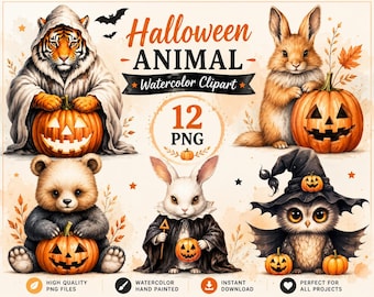 Halloween Animal Watercolor Clipart Bundle PNG, Cute Spooky Forest Animals, Ghost, Pumpkin, Witch Hat & Black Cat, Instant Download,