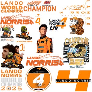May include: A collage of orange and white graphics with the name "Lando Norris" and the number "4". Includes images of a racing driver, a racing car, and the text "World Champion 2025".