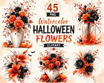 Watercolor Halloween Flowers Clipart Bundle PNG, Spooky Floral Arrangements with Pumpkins, Black Roses & Ghosts, Instant Download,