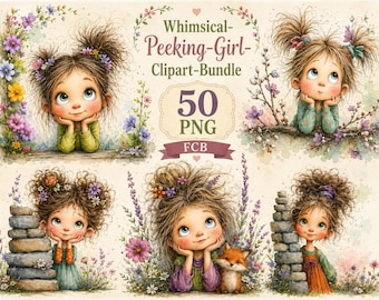 Whimsical Peeking Girl Clipart Bundle PNG, Cute Watercolor Peekaboo Girls, Floral, Boho & Cozy Character Graphics, Instant Download,