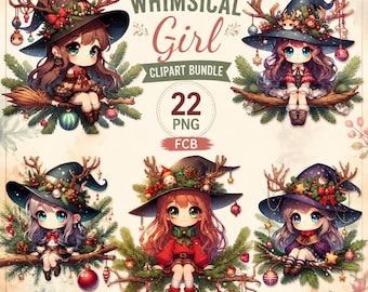 Whimsical Girl Clipart Bundle PNG, Cute Watercolor Girls, Floral, Boho, Cozy & Fantasy Characters, Instant Download, Commercial Use, 300 DPI