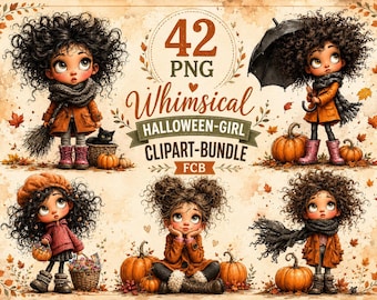 Whimsical Halloween Girl Clipart Bundle, Cute Watercolor Girls, Ghost, Pumpkin, Black Cat, Bat Spooky Halloween Graphics, Instant Download,