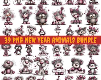 New Year Animal Clipart – Festive Party PNG Set (Instant Download) 39 PNG