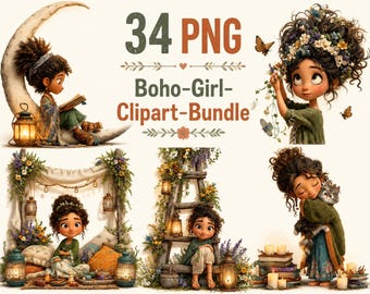 Boho Girl Clipart Bundle PNG, Cute Watercolor Bohemian Girls, Floral, Neutral Aesthetic Graphics, Instant Download, Commercial Use, 300 DPI