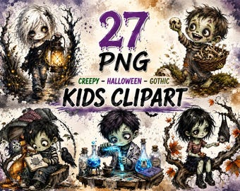 Creepy Halloween Gothic Kids Clipart Bundle PNG, Spooky Watercolor Witch Kids, Ghost, Pumpkin & Gothic Halloween Art, Instant Download,