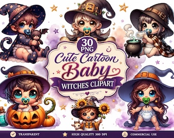 Cute Cartoon Baby Witches Clipart Bundle PNG, Halloween Baby Witch Clipart, Kawaii Witch Baby PNG, Halloween Nursery Clipart