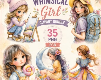 Whimsical Girl Clipart Bundle PNG, Cute Watercolor Girls, Floral Boho Characters, Cozy Aesthetic Clipart, Instant Download, Commercial Use,