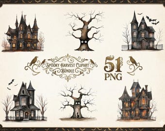 Spooky Harvest Clipart Bundle, Haunted House PNG, Creepy Tree Clipart, Gothic Halloween Watercolor PNG, Vintage Halloween Sublimation