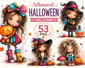 Whimsical Halloween Girl Clipart Bundle PNG, Cute Watercolor Witch Girl, Ghost, Pumpkin, Black Cat & Bat Clipart, Instant Download,