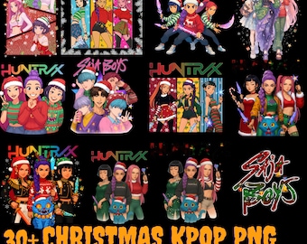 Huntrix Merry Christmas PNG, Kpop Demon Hunters Xmas Bundle, Cute Derpy Tiger Art PNG, Saja Girls Christmas PNG, Instant Digital Download