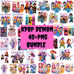 May include: A digital art bundle featuring anime-style characters in various poses and outfits. The images display a range of colours and styles. A pink rectangle in the center displays the text "KPOP DEMON 40+ PNG BUNDLE."