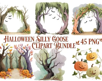 Halloween Silly Goose Clipart Bundle, Watercolor Halloween Trees PNG, Spooky Forest Clipart, Pumpkin Clipart, Autumn Halloween PNG Bundle