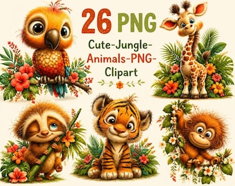 Cute Jungle Animals PNG Clipart Bundle, Watercolor Safari Animals, Lion, Elephant, Giraffe, Monkey & Zebra, Instant Download, Commercial Use