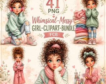 Whimsical Messy Girl Clipart Bundle PNG, Cute Watercolor Messy Bun Girls, Cozy Fashion, Coffee & Floral Graphics, Instant Download,