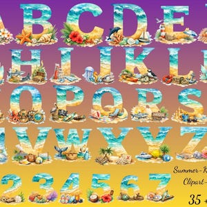 Puede incluir: Un conjunto digital de letras de la A a la Z y números del 0 al 7, cada uno relleno con un patrón de acuarela de olas del océano y playa de arena. Cada carácter está decorado con varios iconos tropicales, náuticos y de temática veraniega.