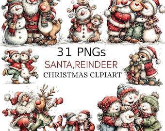 Santa & Reindeer Christmas Clipart: Festive Holiday Graphics (Digital Download - 31 PNGs)
