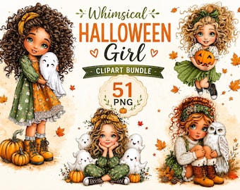 Whimsical Halloween Girl Clipart Bundle PNG, Cute Watercolor Witch Girl, Ghost, Pumpkin, Black Cat & Bat Graphics, Instant Download,