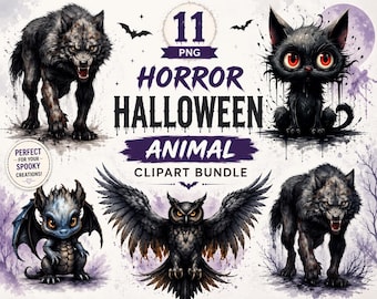 Horror Halloween Animal Clipart Bundle PNG, Creepy Watercolor Spooky Animals, Raven, Black Cat, Bat, Skull & Ghost, Instant Download,