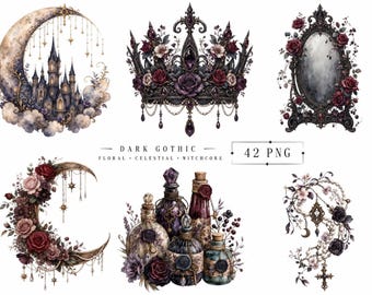 Dark Gothic Clipart Bundle, Witchcore Celestial PNG, Gothic Moon Clipart, Dark Floral Sublimation, Gothic Aesthetic PNG Set