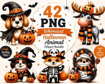 Whimsical Halloween Animal Clipart Bundle PNG, Cute Watercolor Spooky Animals, Ghost, Pumpkin, Witch Hat & Black Cat, Instant Download,