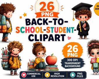 Back to School Student Clipart Bundle PNG, Cute Watercolor School Kids, Teacher, Books, Backpack & Classroom Graphics, Instant Download,