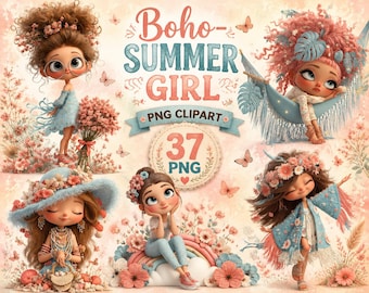 Boho Summer Girl PNG Clipart Bundle, Cute Watercolor Bohemian Girl, Beach, Sunshine & Floral Summer Graphics, Instant Download,