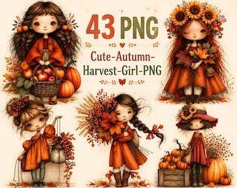 Cute Autumn Harvest Girl PNG Bundle, Watercolor Fall Girl Clipart, Pumpkins, Sunflowers & Cozy Autumn Graphics, Instant Download,
