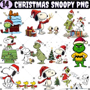 Peut inclure: Une collection de 14 images PNG sur le thème de Noël, mettant en vedette Snoopy, Woodstock et le Grinch. Snoopy est représenté dans diverses poses avec un bonnet et une écharpe de Père Noël. Le Grinch est également montré en tenue de fête.