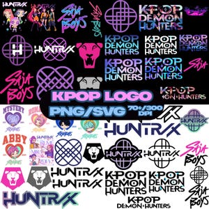 May include: A collection of K-Pop themed logos and graphics in various styles and colors, including text that reads "KPOP LOGO PNG/SVG 70+/300 DPI", "HUNTRAX", "Saja Boys", and "KPOP DEMON HUNTERS".