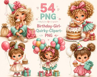 Birthday Girl Quirky Clipart PNG Bundle, Cute Watercolor Birthday Girl, Cake, Balloons, Gifts & Party Decorations, Instant Download,