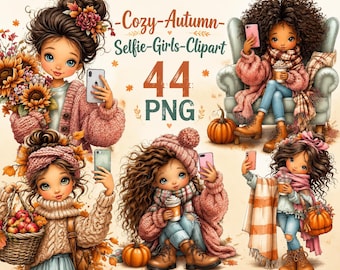 Cozy Autumn Selfie Girls Clipart Bundle PNG, Cute Watercolor Fall Girls, Pumpkin Spice, Leaves & Coffee, Instant Download, Commercial Use,