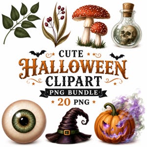 Cute Halloween Clipart PNG Bundle | Witch Hat, Pumpkin Skull Potion Mushroom Eyeball | Spooky Watercolor Clipart | 20 PNG Sublimation Bundle