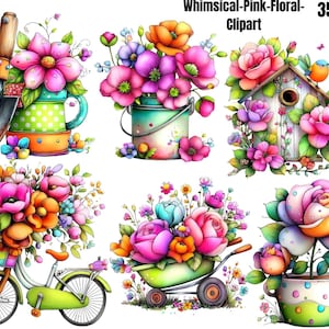 Whimsical Pink Floral Clipart Bundle PNG, Colorful Flower Garden Clipart, Watercolor Floral Arrangements, Spring Flower Sublimation Design