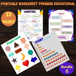 Preschool Learning Worksheets Printable Bundle, 23 Pages Educational Activities for Kids Shapes, Numbers, Days, Months  etc Instant Download