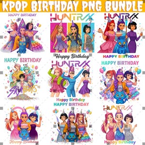 Op de afbeelding: Een digitale kunstbundel met KPOP-verjaardagsontwerpen. De afbeeldingen tonen groepen gestileerde personages met feesthoeden, die taarten vasthouden en omringd zijn door ballonnen. Tekst bevat "Happy Birthday" en "HUNTR/X".