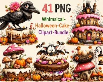 Whimsical Halloween Cake Clipart Bundle PNG, Cute Watercolor Spooky Cakes, Ghost, Pumpkin, Witch Hat & Halloween Desserts, Instant Download,