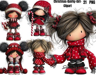 Christmas Quirky Girl Clipart PNG Bundle | Cute Winter Girl Cartoon, Red Polka Dot Scarf & Holiday Digital Download