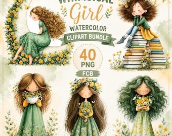 Whimsical Girl Watercolor Clipart Bundle PNG, Cute Hand Painted Girls, Boho Floral Fashion Characters, Instant Download, Commercial Use,