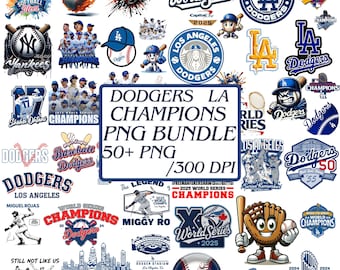 May include: A collection of Los Angeles Dodgers baseball-themed PNG graphics. Includes logos, team members, and championship designs. The text reads "Dodgers LA Champions PNG Bundle 50+ PNG /300 DPI".