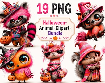 Halloween Animal Clipart Bundle PNG, Cute Watercolor Spooky Animals, Ghost, Pumpkin, Witch Hat & Black Cat, Instant Download,