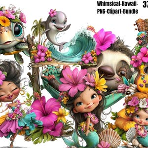 May include: A digital illustration bundle titled Whimsical-Hawaii-37 PNG-Clipart-Bundle featuring a sea turtle, a dolphin, a sloth, a ukulele, and characters with hibiscus flowers, tropical foliage, and seashells in a vibrant, colorful style.