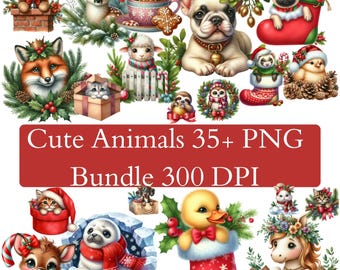 Christmas Animal Clipart: Watercolor Santa's Village (Digital Download)